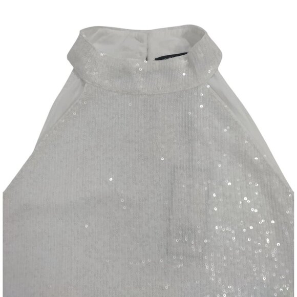 Sparkly White Sequin Halter Top With Button Closure & Open Back Design. L/G NWT. - Picture 4 of 9